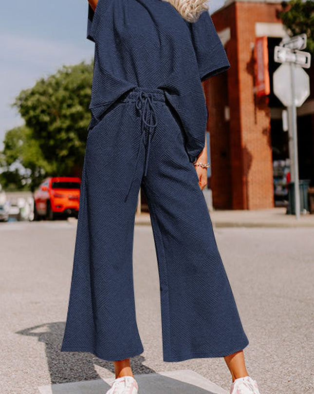 Black Textured Loose Fit T Shirt and Drawstring Pants Set