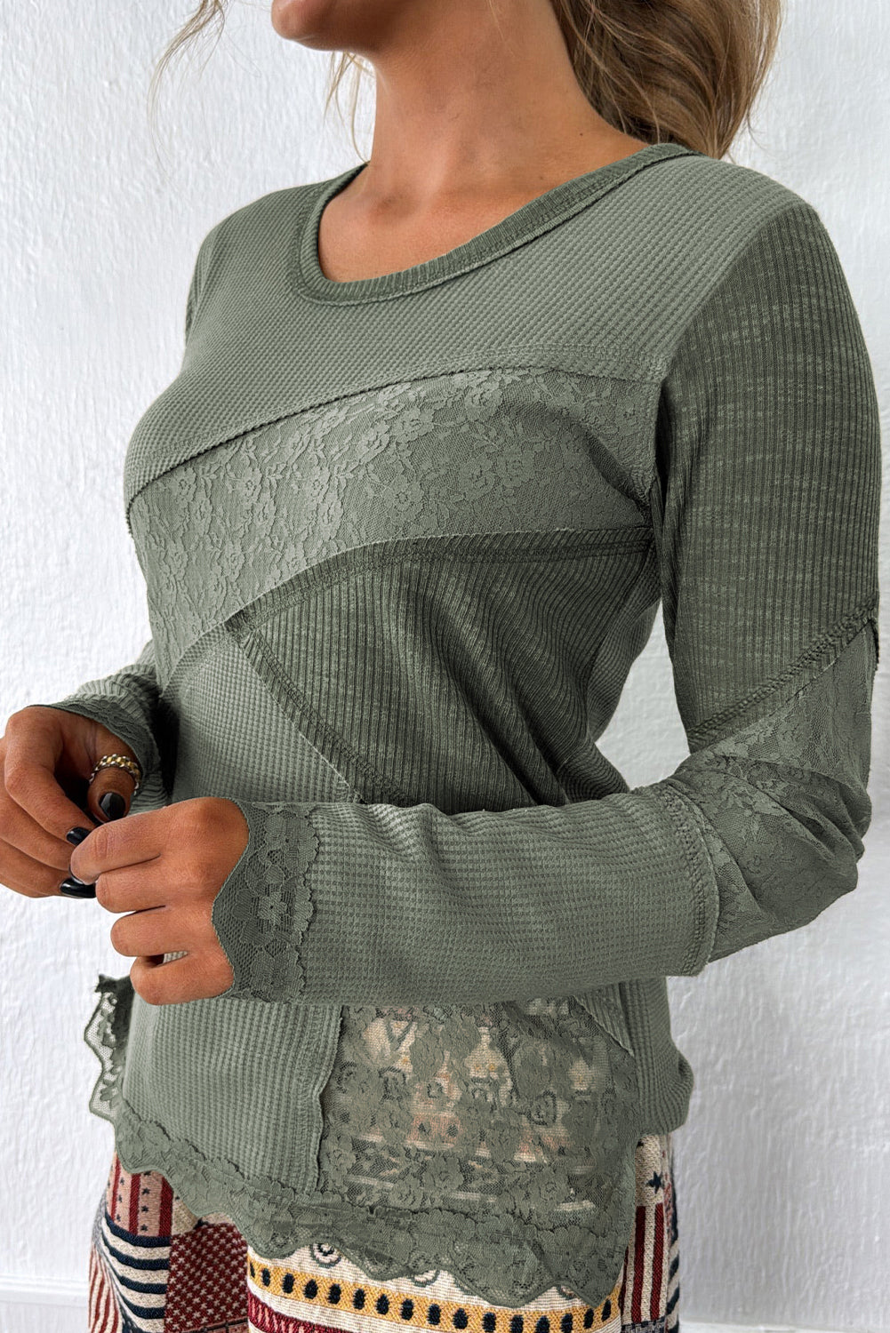 Sage Green Solid Color Waffle Ribbed Lace Patchwork Long Sleeve Top