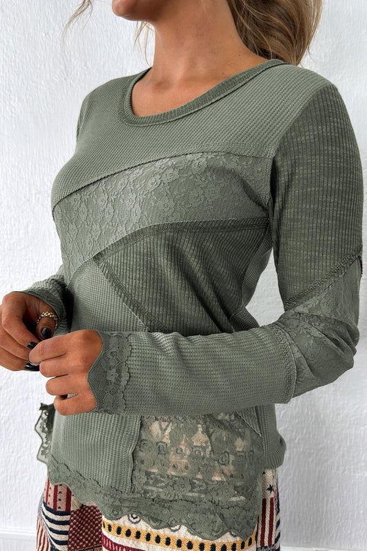 Sage Green Solid Color Waffle Ribbed Lace Patchwork Long Sleeve Top