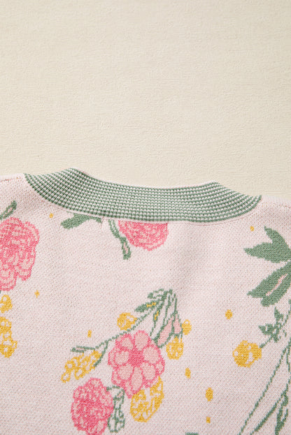 Pink Floral Pattern Striped V Neck Loose Sweater