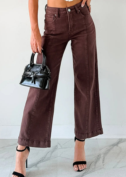 Apricot Solid Color Seamed Center Wide Leg Cropped Jeans