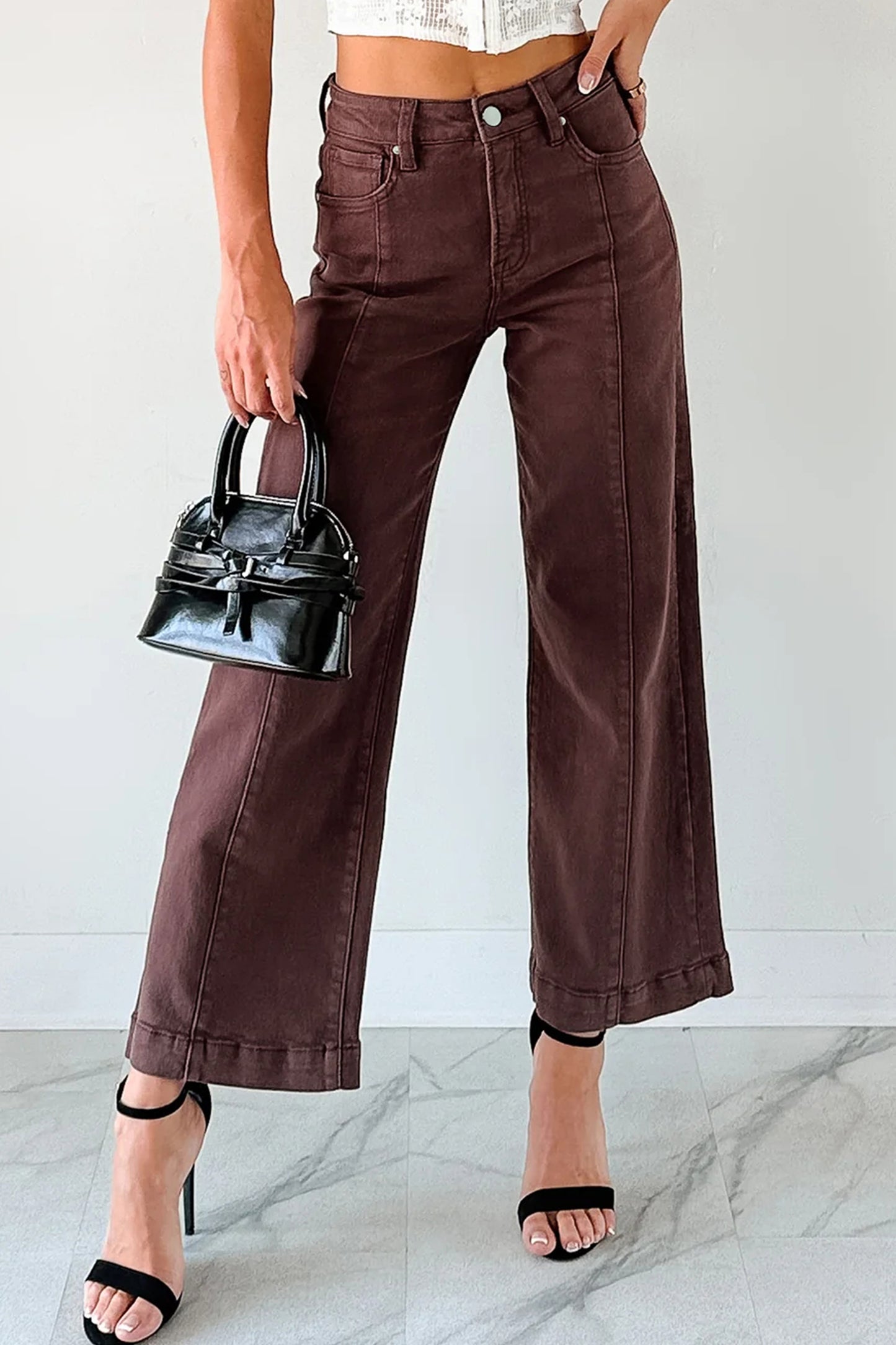 Apricot Solid Color Seamed Center Wide Leg Cropped Jeans
