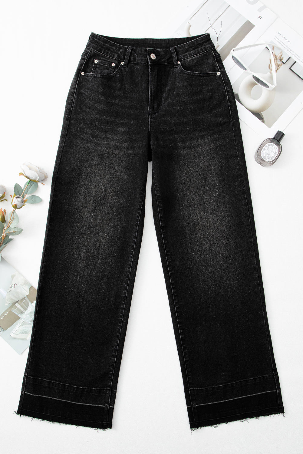 Real Teal Raw Hem Unique Cuffs Straight High Rise Loose Jeans