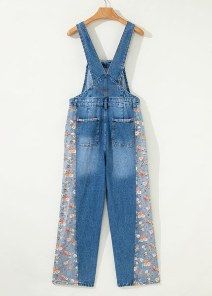 Peacock Blue Floral Patchwork Bib Denim Wide Leg Overalls