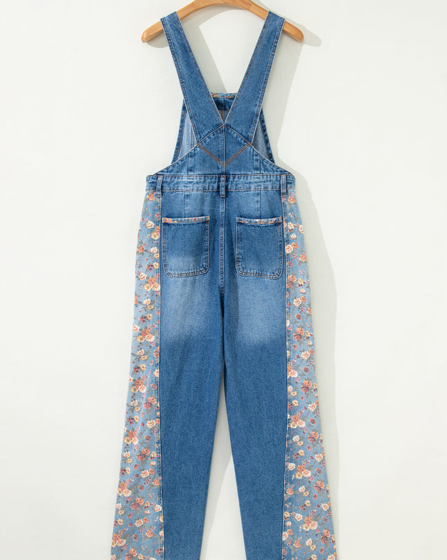 Peacock Blue Floral Patchwork Bib Denim Wide Leg Overalls