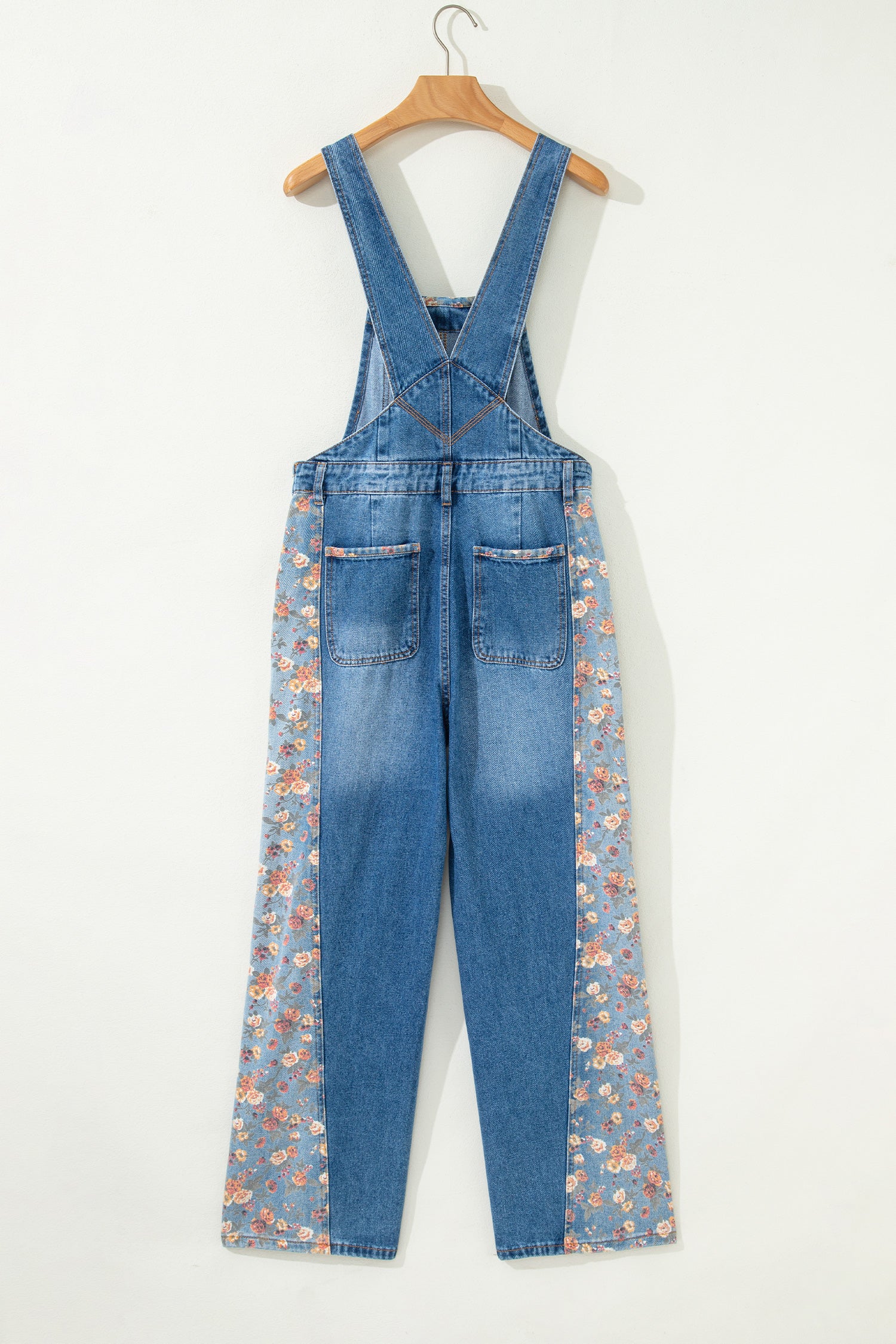 Peacock Blue Floral Patchwork Bib Denim Wide Leg Overalls