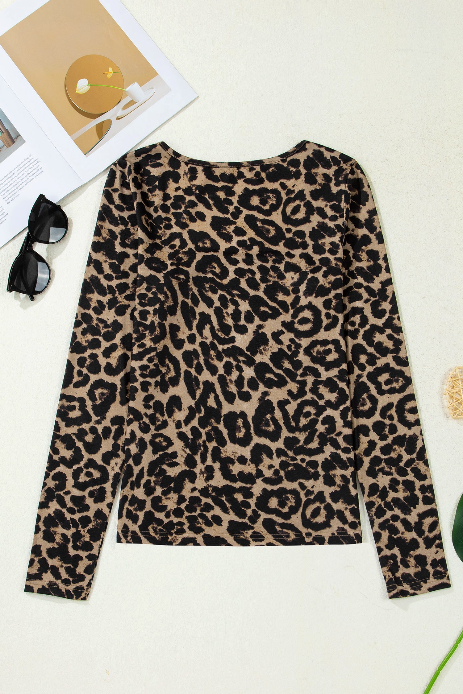 Brown Leopard Print Slim Long Sleeve T Shirt