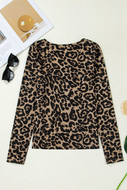 Brown Leopard Print Slim Long Sleeve T Shirt