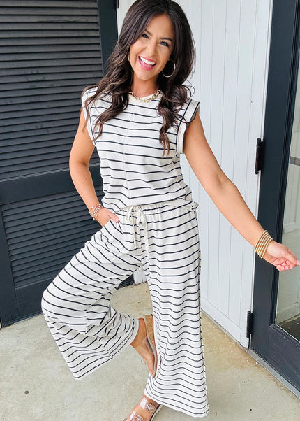 Rose Stripe Casual Wide Leg 2pcs Pants Set