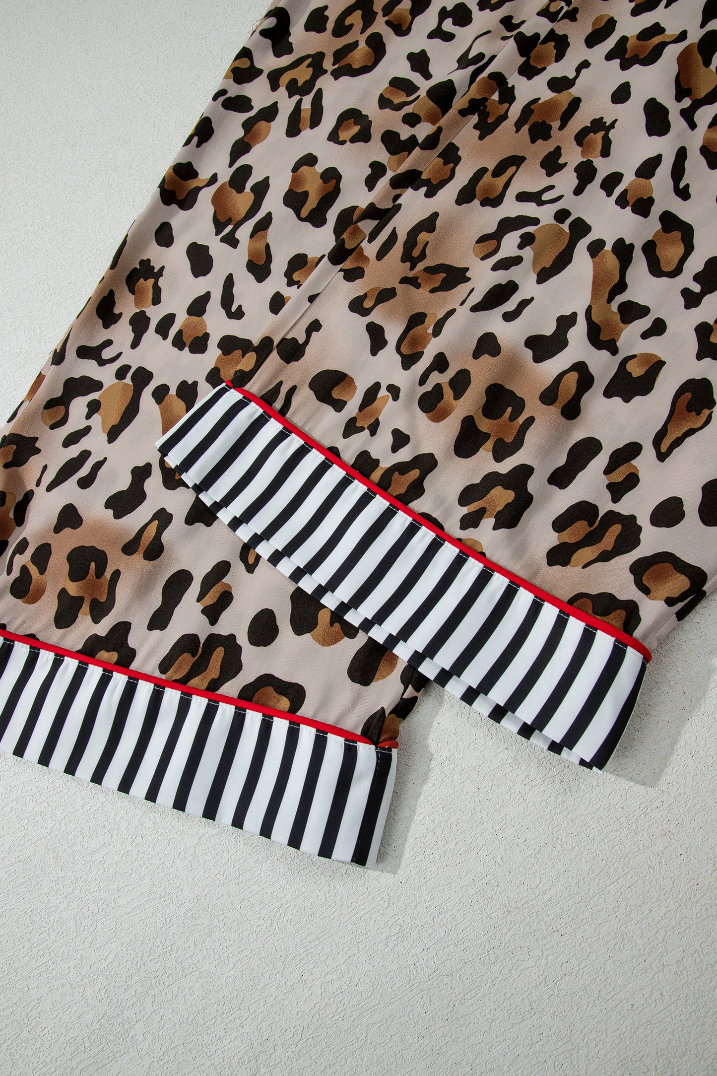 Khaki Plus Leopard Print Contrast Piping Striped Patchwork 2pcs Long Pajama Set