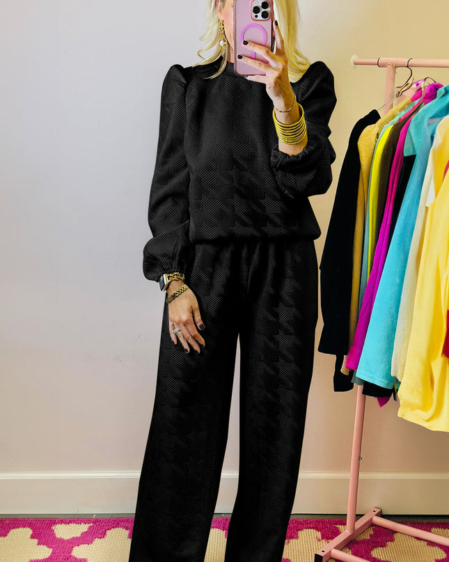 Rose Red Textured Puff Sleeve Top and Pants Set