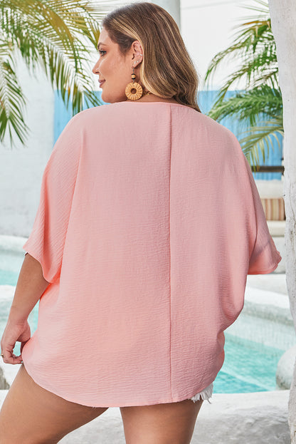 Pink Textured Half Sleeve V Neck Plus Size T Shirt with Chest Pocket