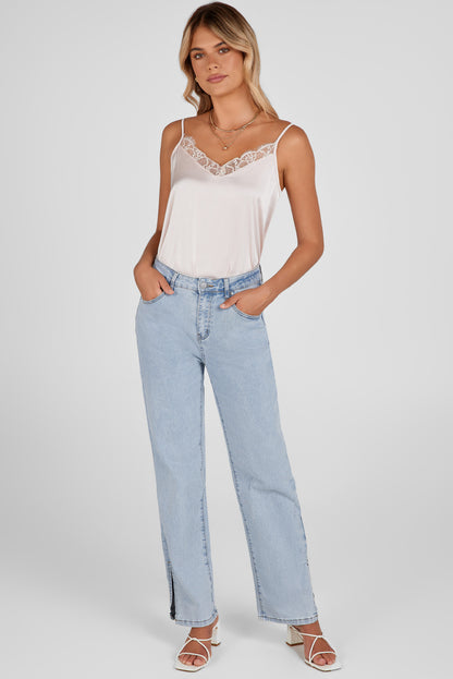 Sky Blue High Rise Slit Anklet Flare Jeans