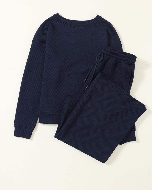 Navy Blue Ultra Loose Textured 2pcs Slouchy Outfit Set