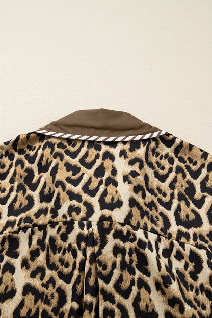 Brown Leopard Collared 3/4 Sleeve Shirt and Loose Pants Two Piece Outfit Set