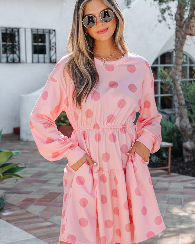 White Polka Dot Printed Long Sleeve Flared Mini Dress