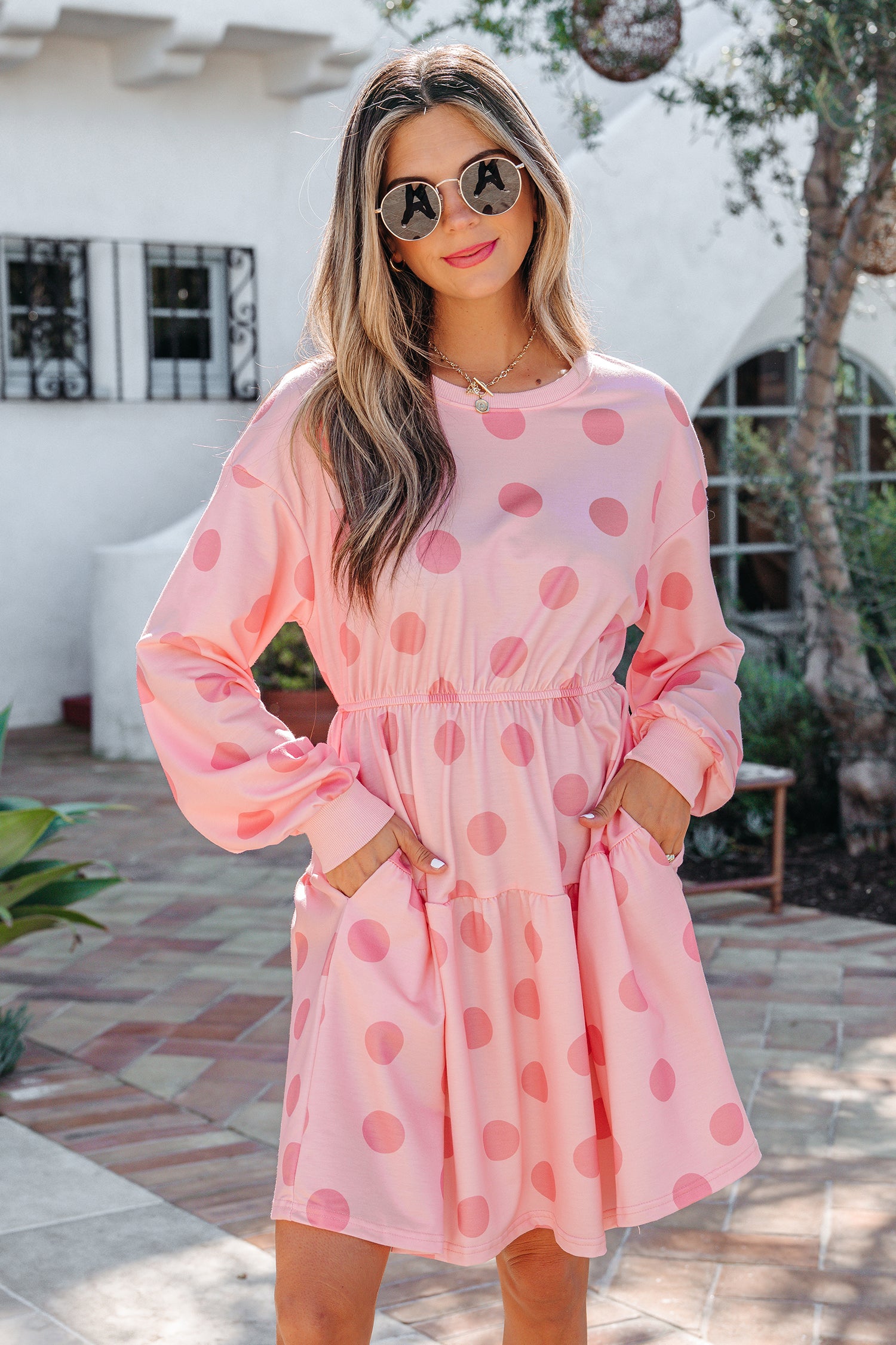 White Polka Dot Printed Long Sleeve Flared Mini Dress