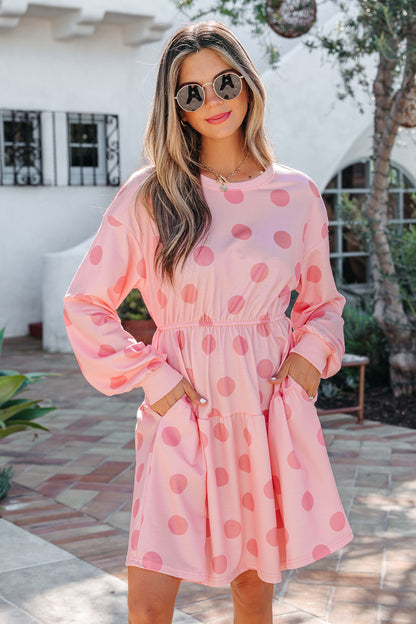 White Polka Dot Printed Long Sleeve Flared Mini Dress