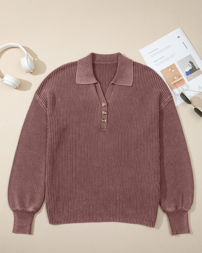 Dark Brown Washed Knit Button Polo Collar Loose Sweater