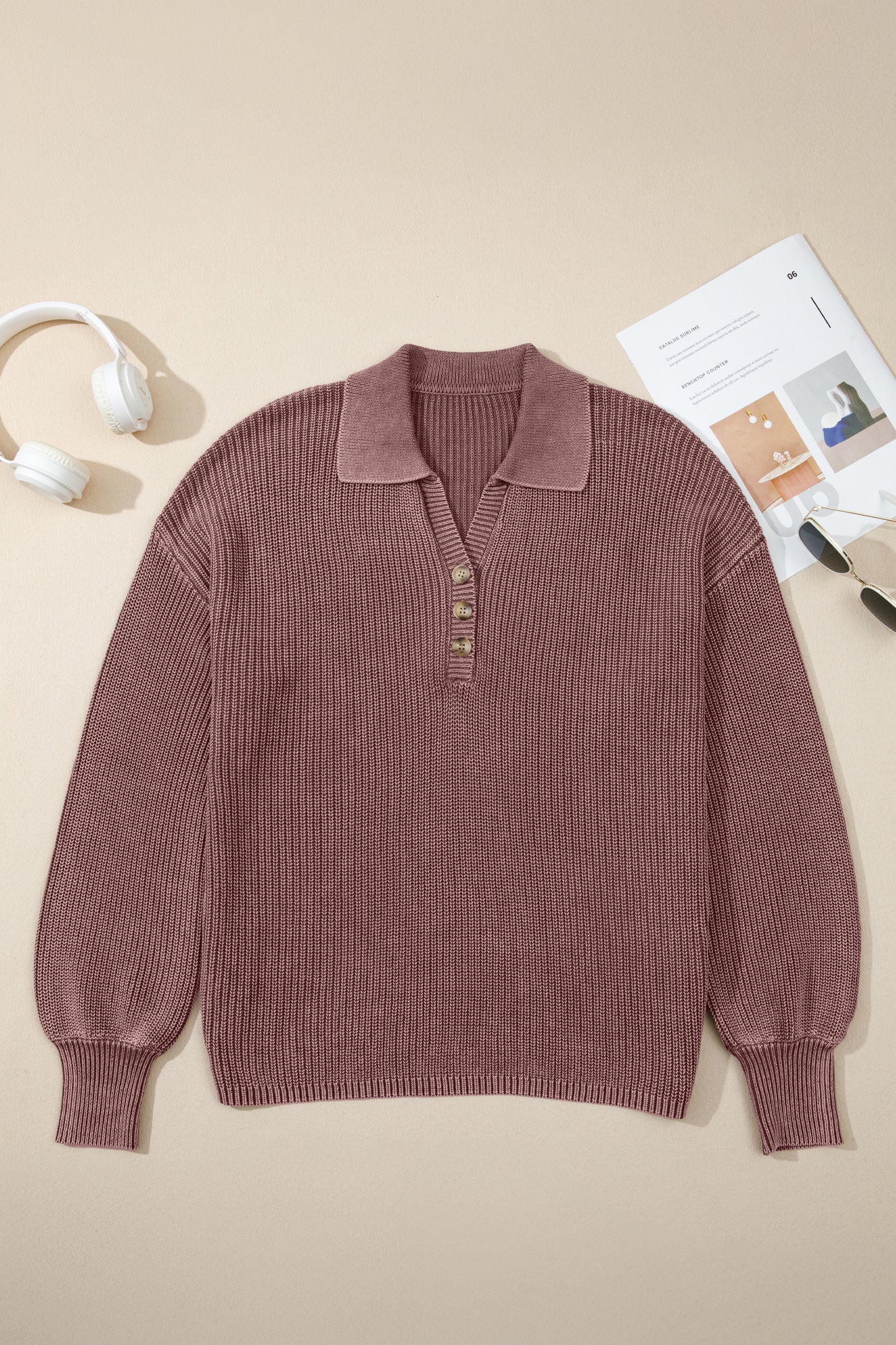 Dark Brown Mineral Washed Knit Button Polo Collar Loose Sweater