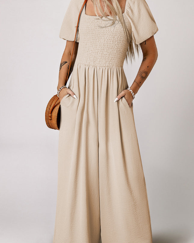Apricot Short Bubble Sleeve Smocked Wide Leg Jumpsuit
