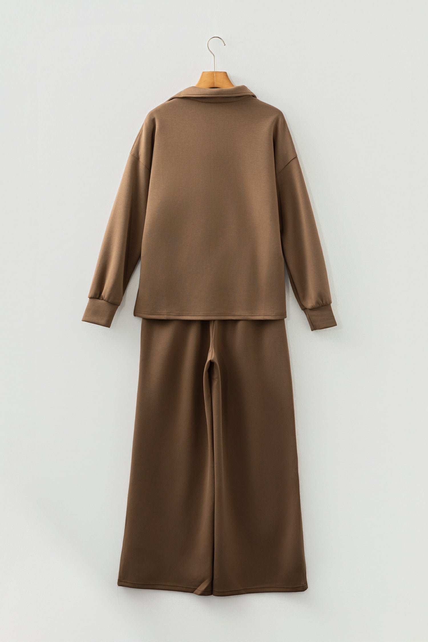 Coffee Solid Color V Neck Top and High Waist Pants Set