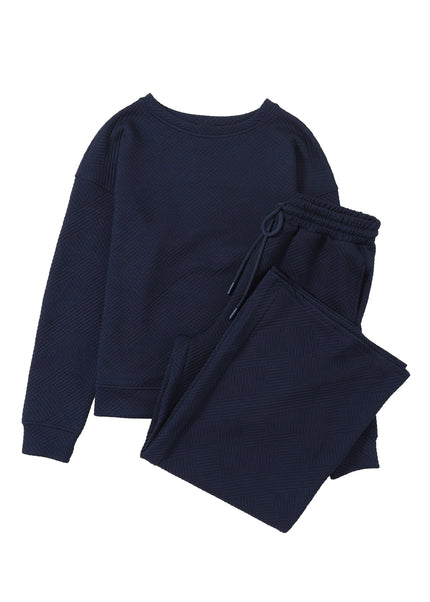 Navy Blue Ultra Loose Textured 2pcs Slouchy Outfit Set
