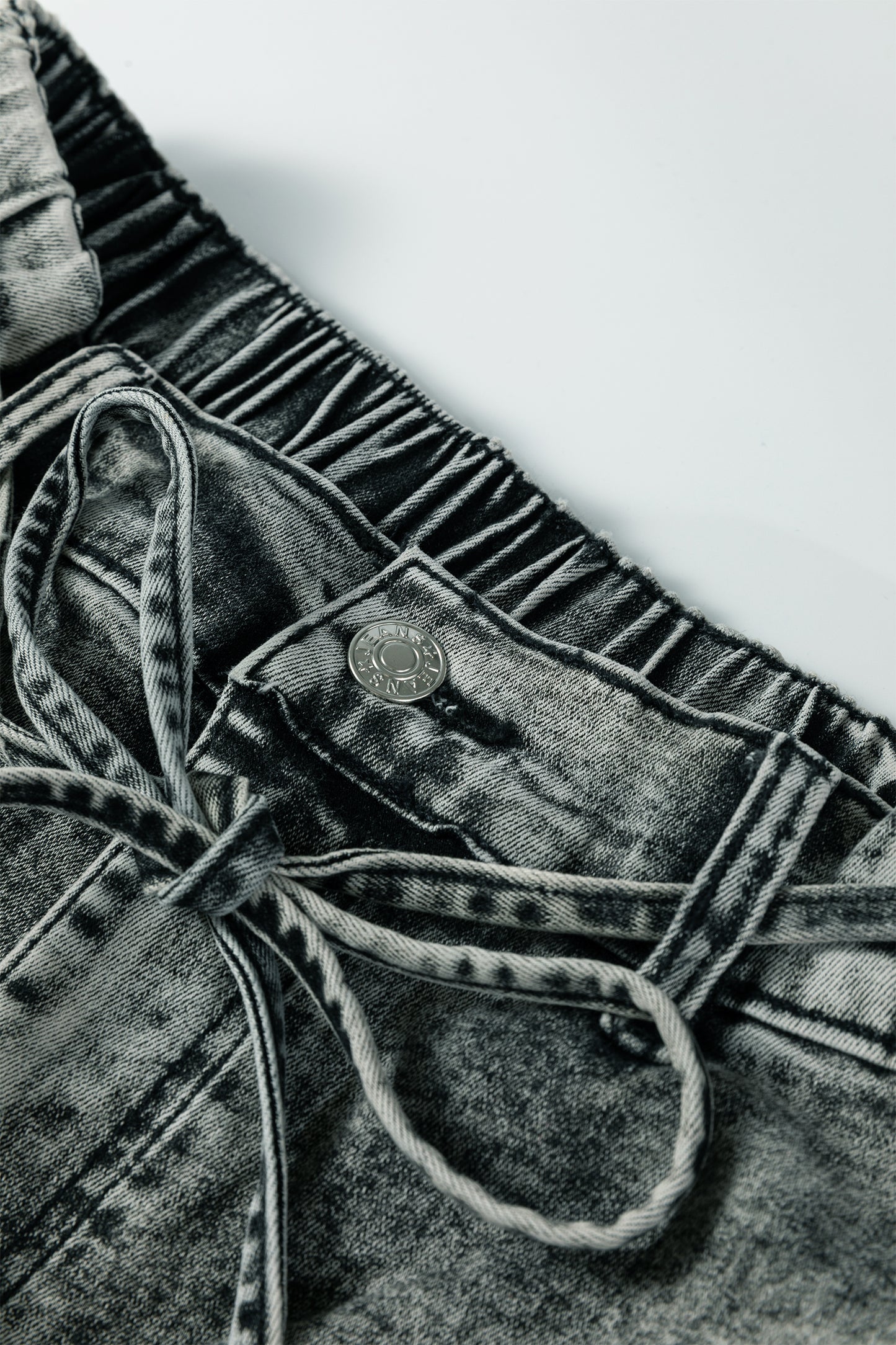 Smoke Gray Acid Wash Barrel Fit Denim Pants with Waist String