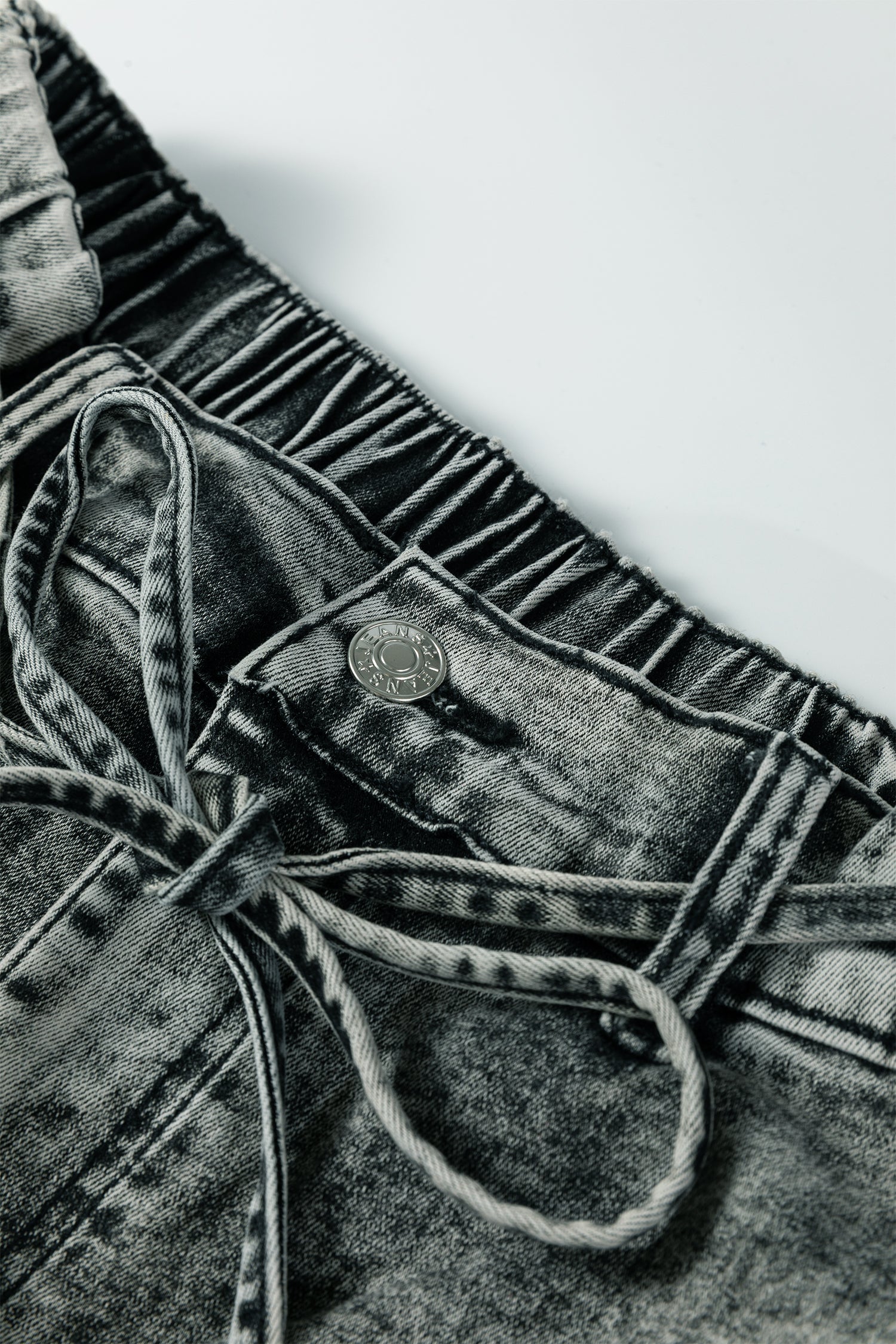 Smoke Gray Acid Wash Barrel Fit Denim Pants with Waist String