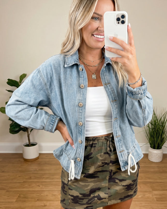 Beau Blue Draw-cord Hem Light Wash Denim Jacket