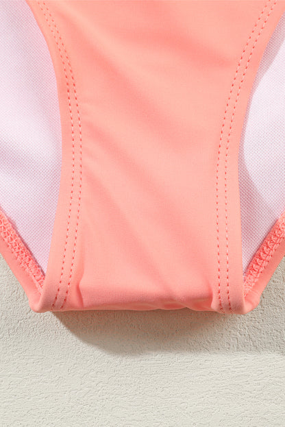 Peach Blossom Striped Patchwork Spaghetti Strap High Waist Bikini Swimsuit