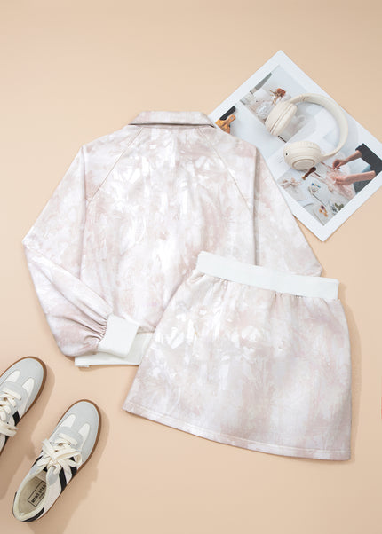 White Abstract Woodland Print Balloon Sleeve Pullover Drawstring Mini Skort Set