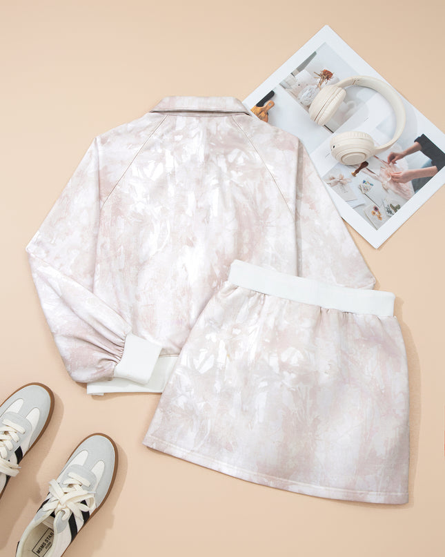 White Abstract Woodland Print Balloon Sleeve Pullover Drawstring Mini Skort Set