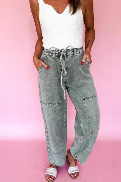 Smoke Gray Acid Wash Barrel Fit Denim Pants with Waist String