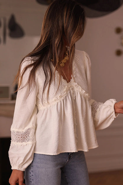 White Solid Color Floral Guipure Patchwork Frilled Long Sleeve Blouse