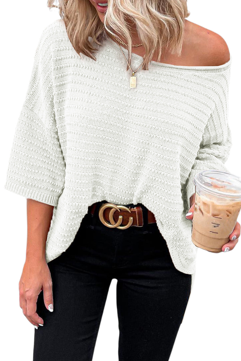Beige Textured Knit Drop Shoulder Short Sleeve Sweater