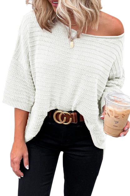 Beige Textured Knit Drop Shoulder Short Sleeve Sweater