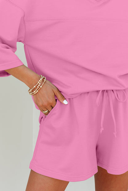 Meadow Mist Green Solid Loose V Neck Half Sleeve Tee and Shorts Set