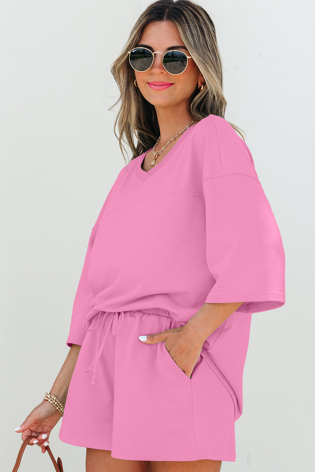 Meadow Mist Green Solid Loose V Neck Half Sleeve Tee and Shorts Set