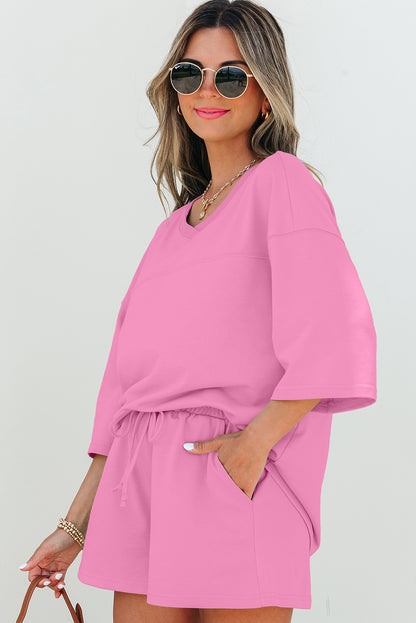 Meadow Mist Green Solid Loose V Neck Half Sleeve Tee and Shorts Set