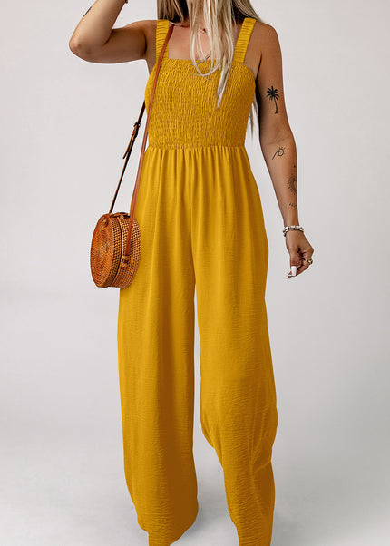 Ginger Smocked Sleeveless Wide Leg Jumpsuit with Pockets