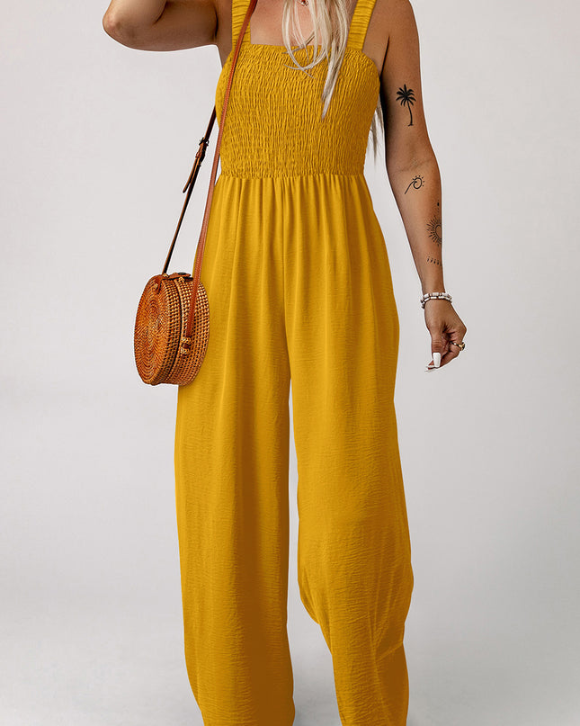 Ginger Smocked Sleeveless Wide Leg Jumpsuit with Pockets