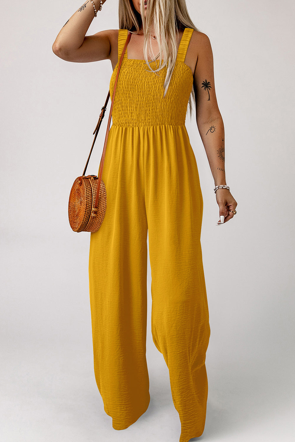 Ginger Smocked Sleeveless Wide Leg Jumpsuit with Pockets