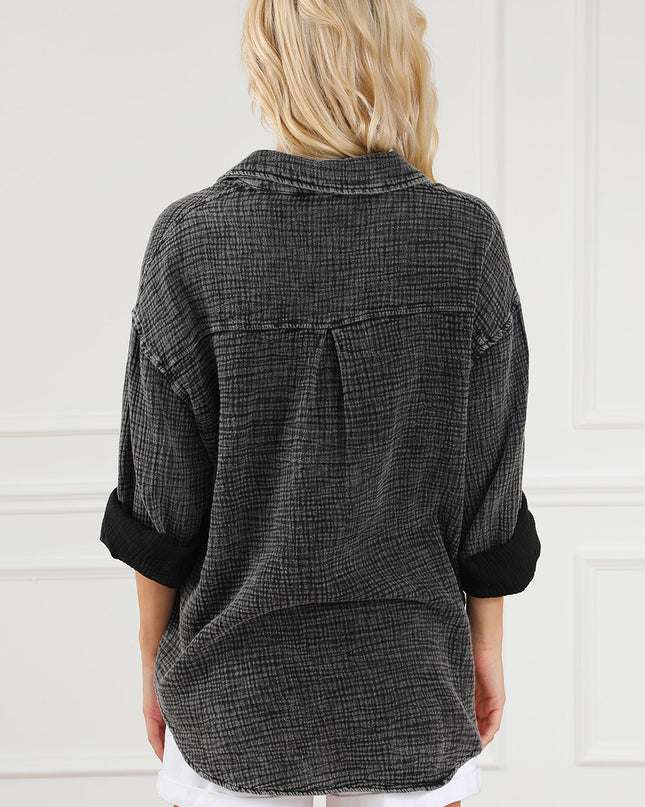 Black Crinkle Textured Chest Pockets Shirt