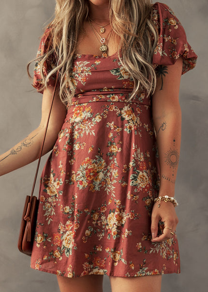 Red Floral Puff Sleeve Square Neck Knot Open Back Mini Dress