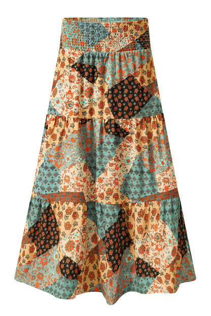 Multicolor Boho Print Tie-Up Waist Long Maxi Skirt