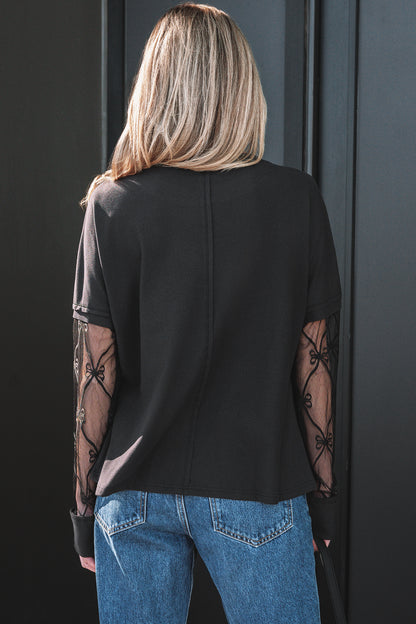 Light Pink Solid Color Bow Textured Patchwork Long Sleeve Tee