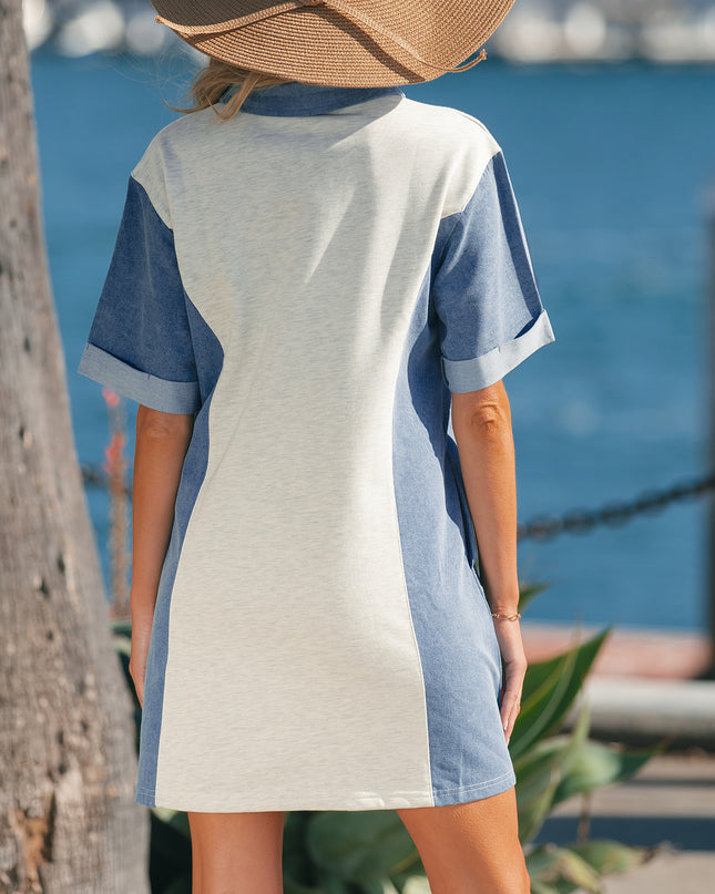 Light Grey Denim Color Block Patchwork Button Polo Collar T Shirt Tunic Dress