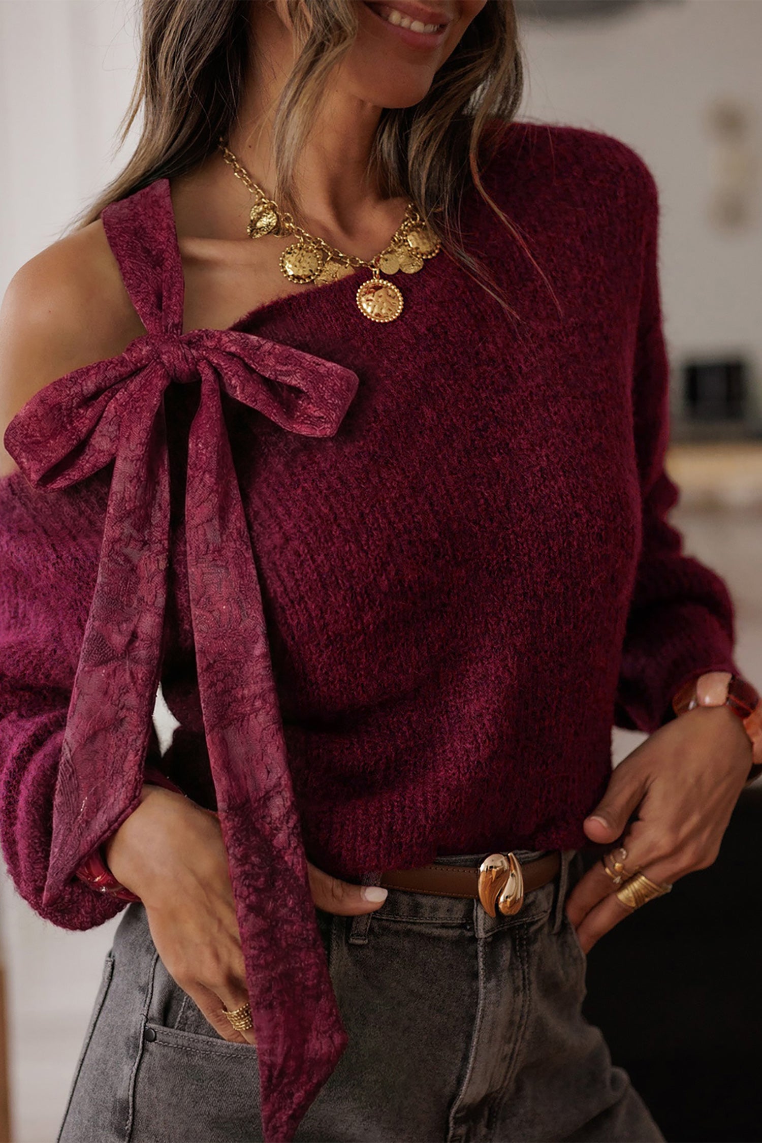 Burgundy Lace Bowknot Asymmetric Neck Sweater