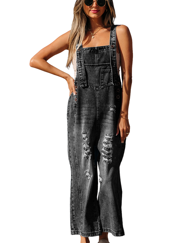 Stone Blue Distressed Bib Pocket Wide Leg Denim Overall